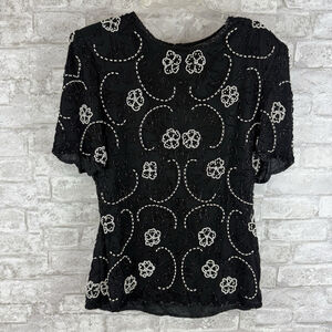 Vintage Royal Feelings‎ Silk Beaded Floral Blouse Medium Black And White Women’s